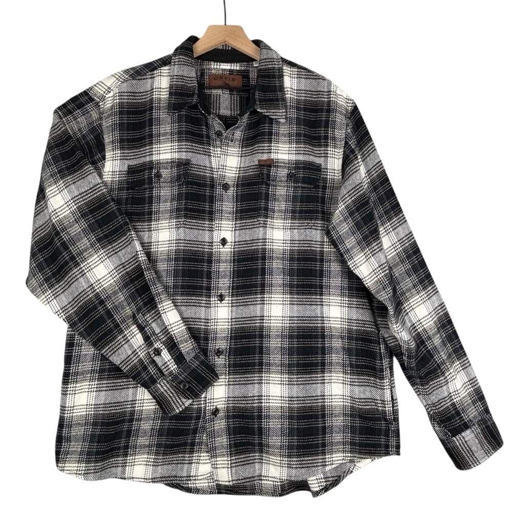 Orvis Shirt Jacket Men XL Black Blue Tan Plaid Heavyweight Shacket Pockets